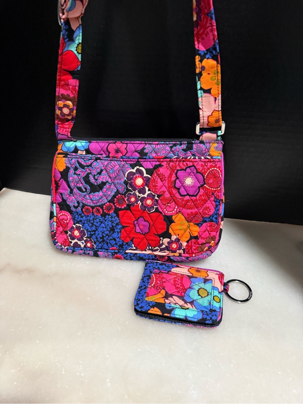 Vera Bradley Floral Fiesta Pattern Tote Purse Cotton Quilted Bag Cross Body & ID